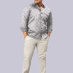 Grey and White Floral Check Men Plus Size Full Sleeve Shirt