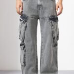 Grey Denim Cargo Pants with Utility Pockets for Men