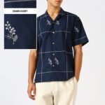 Coastal Grid Cuban Collar Blue Embroidered Shirt