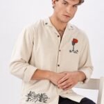 Costa Beige Sahara Box Fit Embroidered Resort Wear Shirt