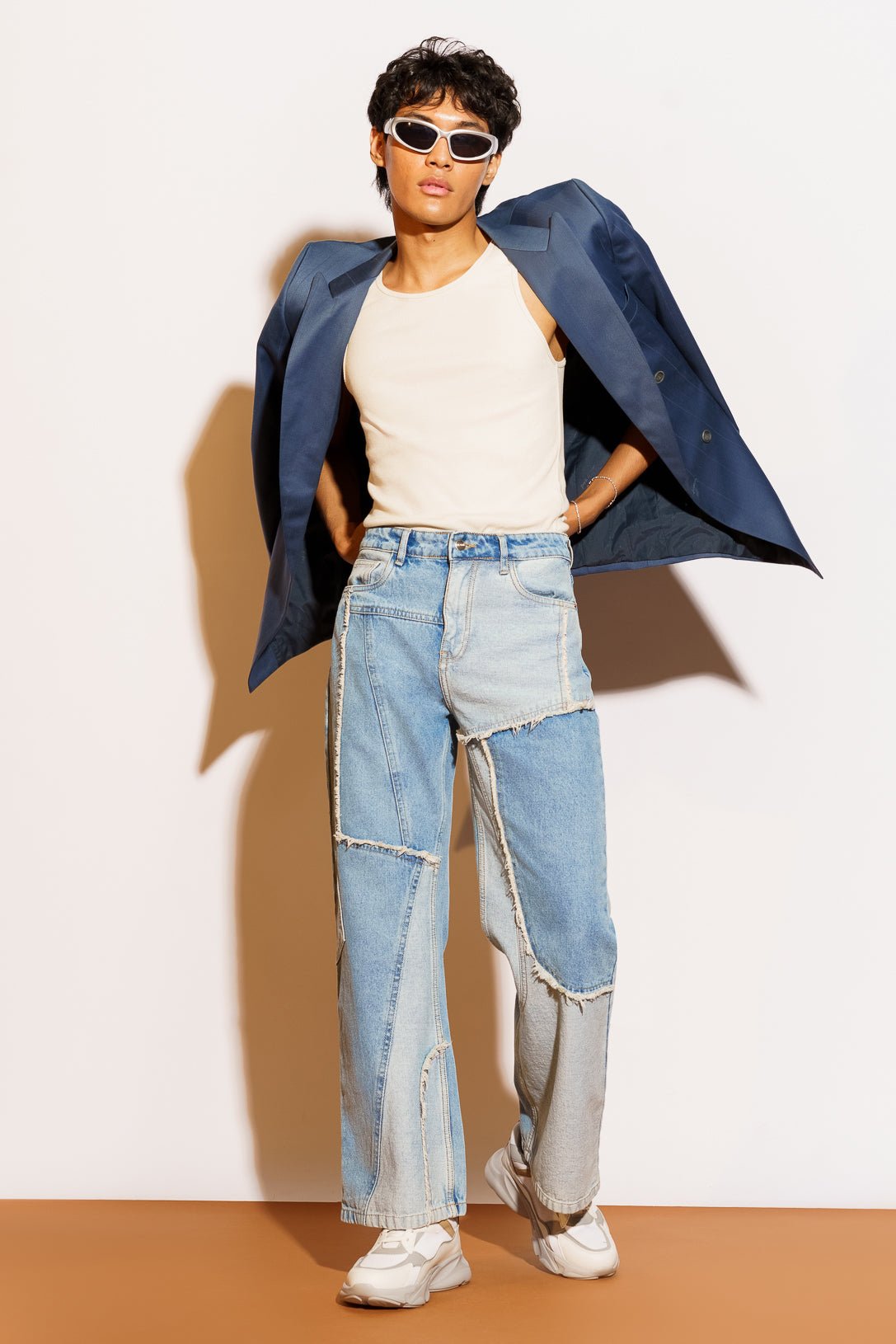 Mens400475-Edit_18d1198d-2c97-4da5-8cd3-0ff0beef35cd.jpg Blue Frayed Panel Contemporary Straight-Fit Denim Jeans - Image 1