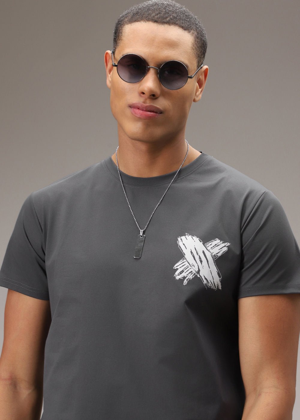 NickelGreyPrintedOversizedT-Shirt_1.jpg Nickel Grey Printed Cotton T Shirt - Image 1