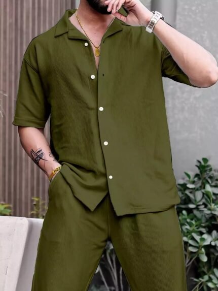 Green Color Mens Full Set Trouser And Shirt Half Sleeves