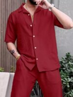 Maroon Color Mens Full Set Trouser And Shirt Half Sleeves