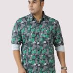 Green Jungle Print Cotton Men Plus Size Full Sleeve Shirt
