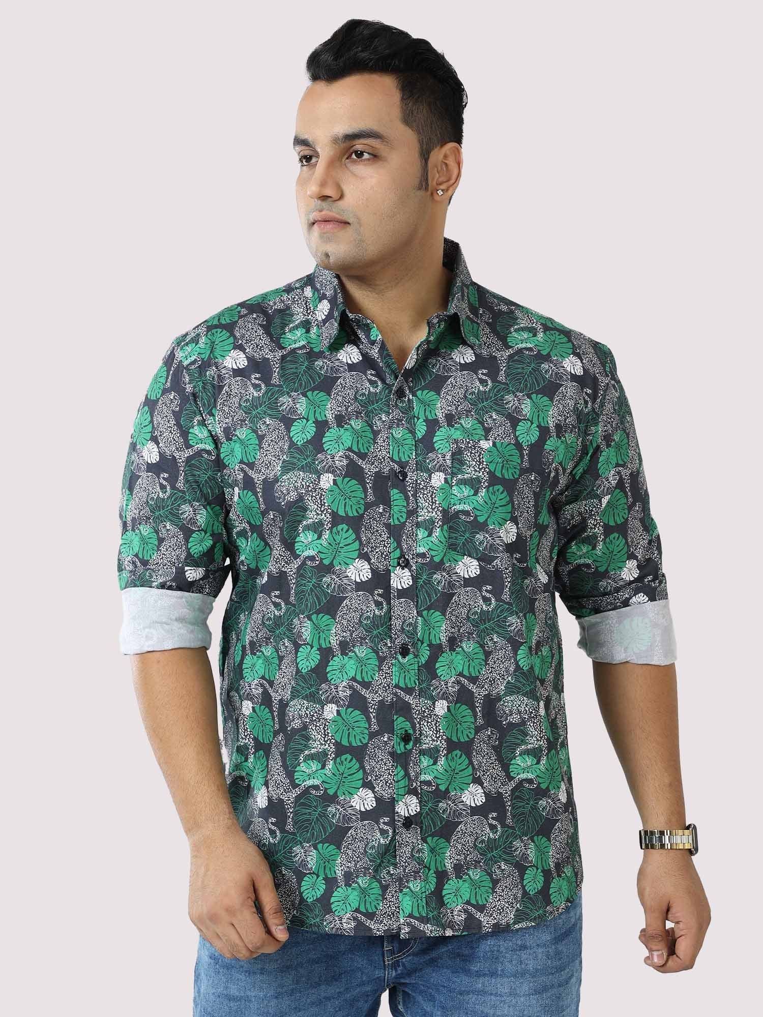 green-jungle-printed-cotton-full-shirt-men-s-plus-size-guniaa-fashions-1.jpg Green Jungle Print Cotton Men Plus Size Full Sleeve Shirt - Image 1