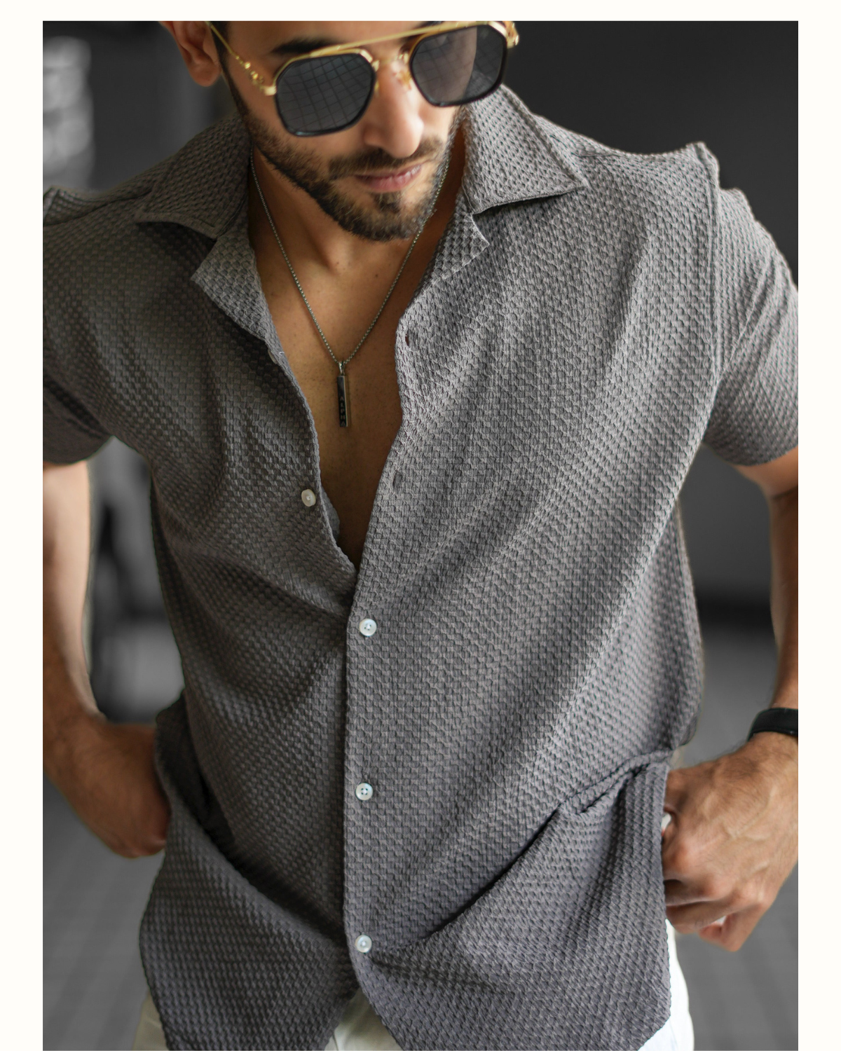 grey-3.png Men’s Textured Half Sleeve Gray Shirt - Image 1
