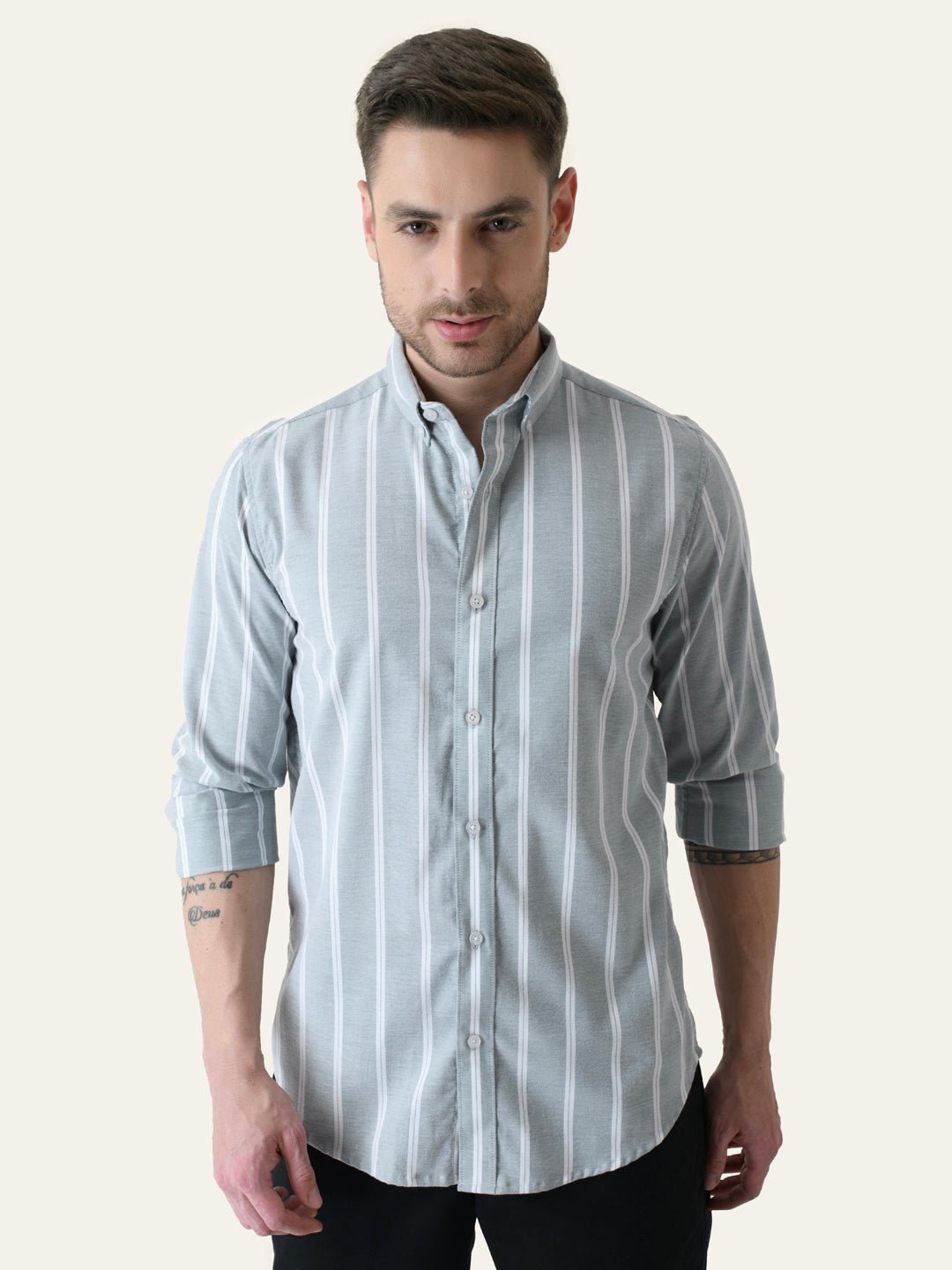 shrey366659.jpg Mint Green Striped Cotton Fresh Summer Casual Shirt - Image 1
