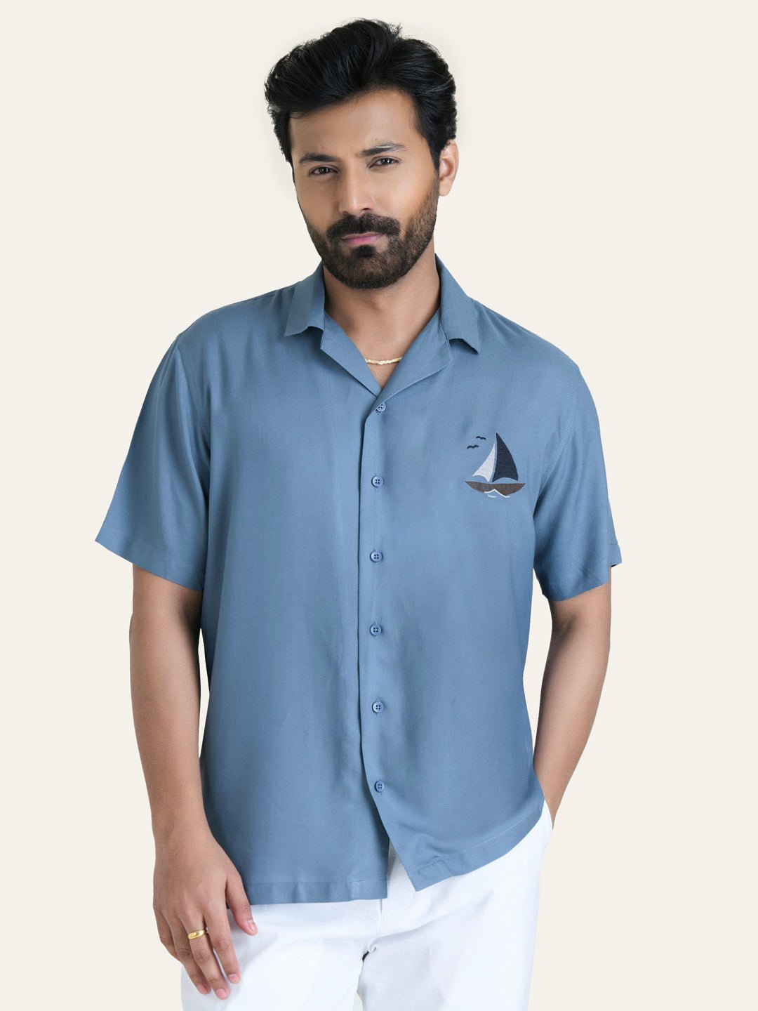 shrey63556.jpg Blue Embroidered Rayon Premium Ethnic Casual Shirt - Image 1
