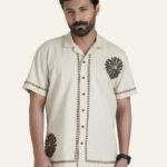 Beige Embroidered Linen Subtle Luxury Casual Shirt