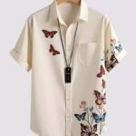 White Butterfly Printed Men’s Half Sleeves Poly Cotton Casual Wear Shirts