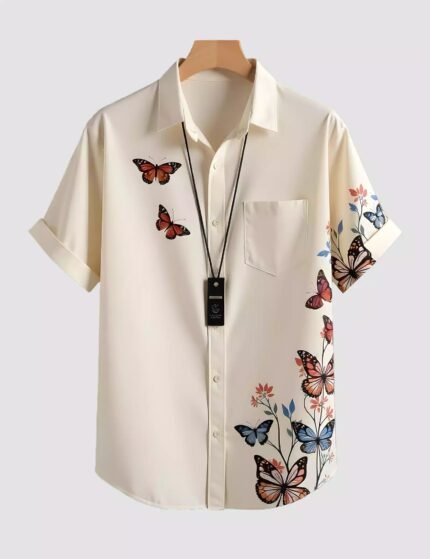 White Butterfly Printed Men’s Half Sleeves Poly Cotton Casual Wear Shirts